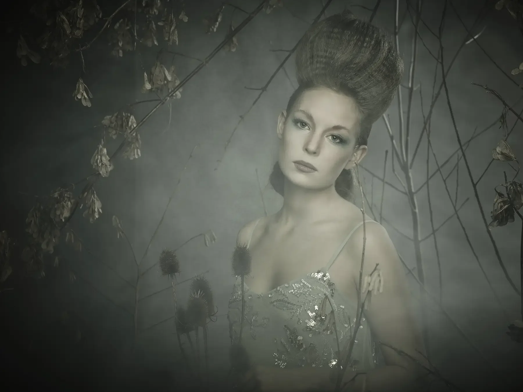 Model mit skulpturaler Hochsteckfrisur und schimmerndem Kleid in einer nebeligen Waldszene mit kahlen Ästen. Die Aufnahme verbindet avantgardistisches Hairstyling mit mystischer Naturästhetik.