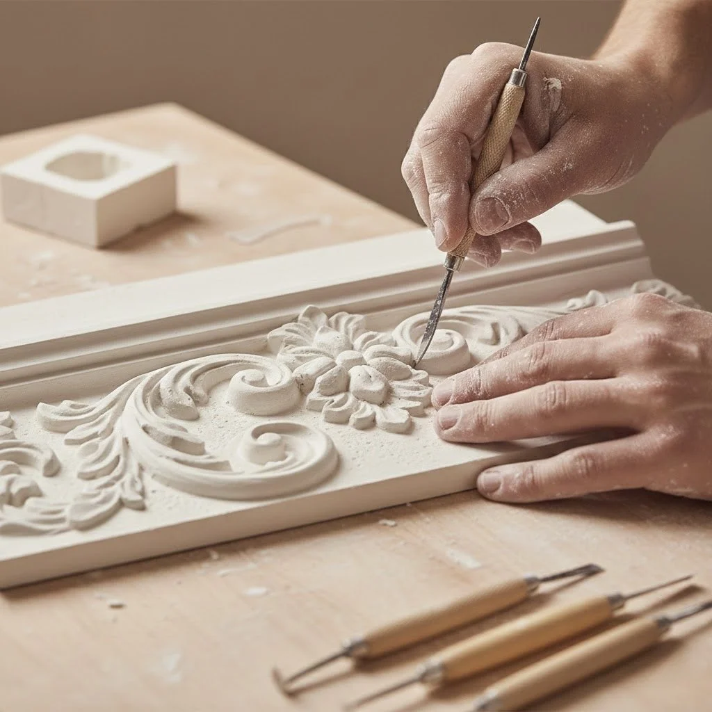 Manos trabajando en detalles de una escultura decorativa en yeso con herramientas de modelado en una mesa de trabajo.