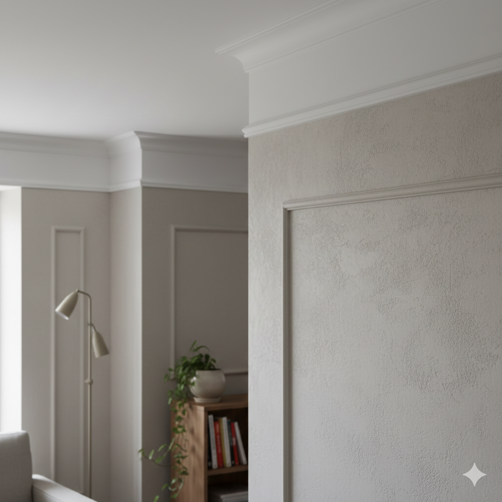 Interior de una sala de estar con paredes blancas, molduras en el techo y una lámpara de pie con doble foco, además de una estantería de madera con libros y una planta en una maceta blanca.