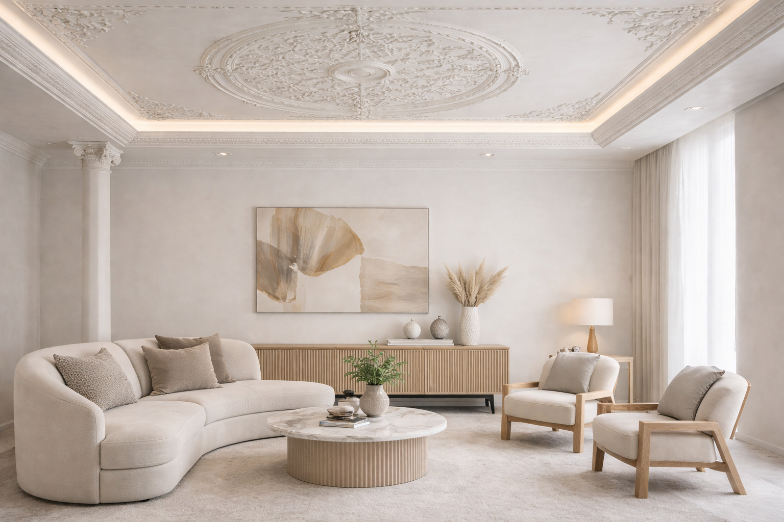 Salón de diseño minimalista con sofá blanco, sillones de madera y cojines neutrales. Mesa de centro de mármol, decoración en tonos beige y natural, con pintura abstracta en la pared, lámpara y cortinas blancas.