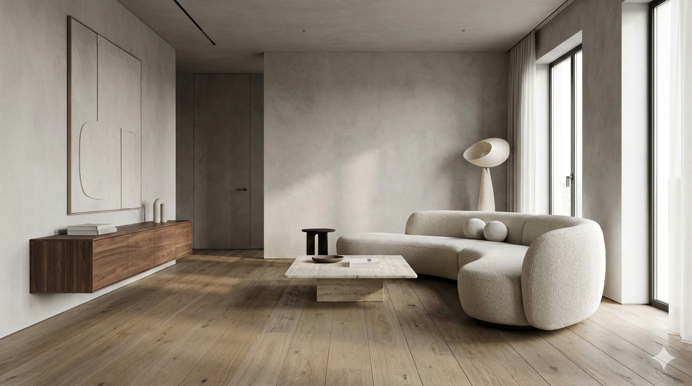 Sala de estar moderna con sofá beige, lámpara de pie, mesa de café de piedra y pared decorativa en tonos neutros.