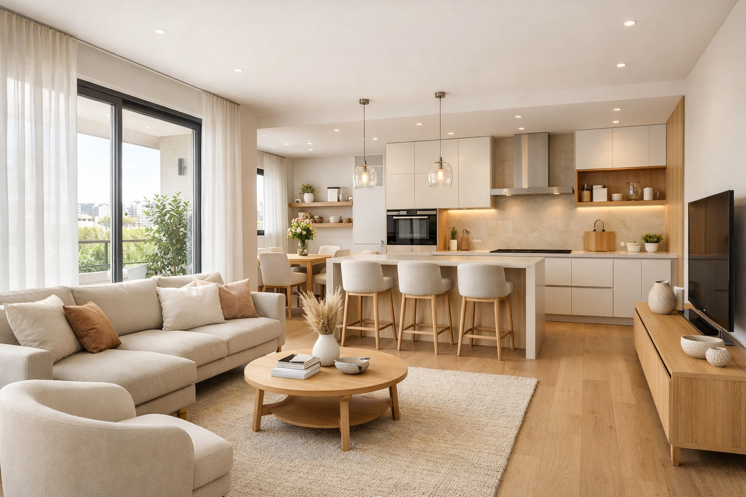 Sala y cocina de concepto abierto con muebles de madera, sofá beige, mesa de centro con decoración en tonos neutros, barra de cocina con bancos de madera, áreas de comedor y cocina con paredes blancas, puertas corredizas de vidrio y vista a un balcón con plantas.