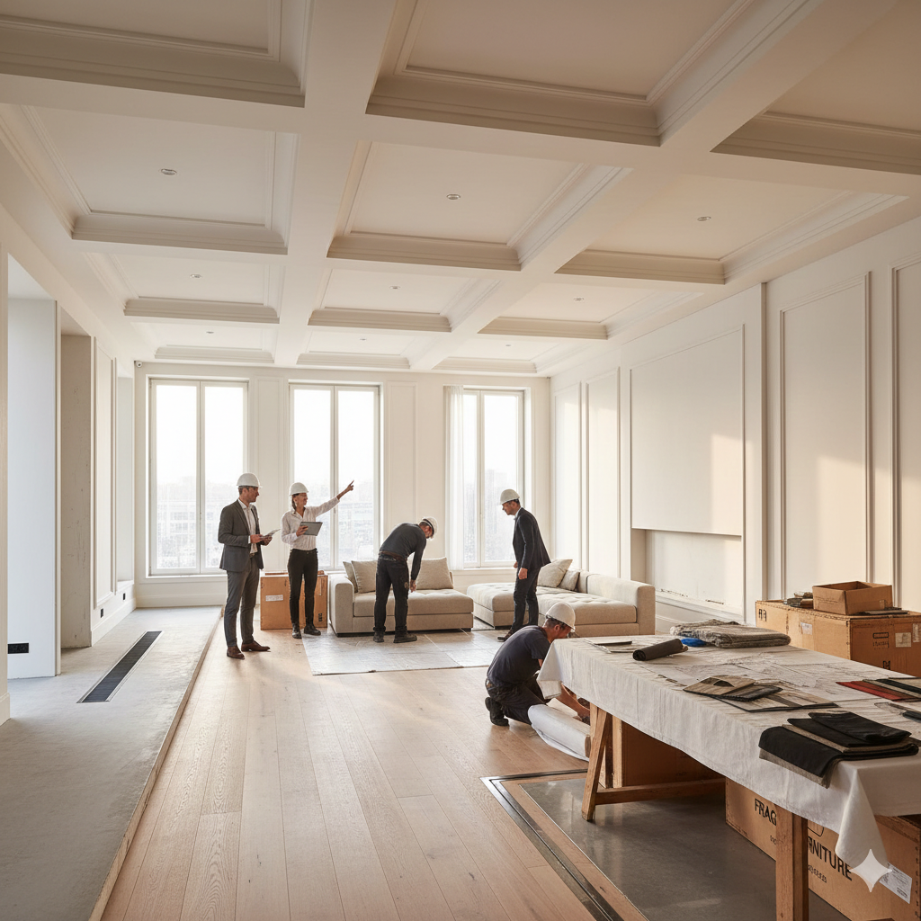Personas con cascos revisando y trabajando en el interior de un apartamento moderno y luminoso con grandes ventanas y suelo de madera.