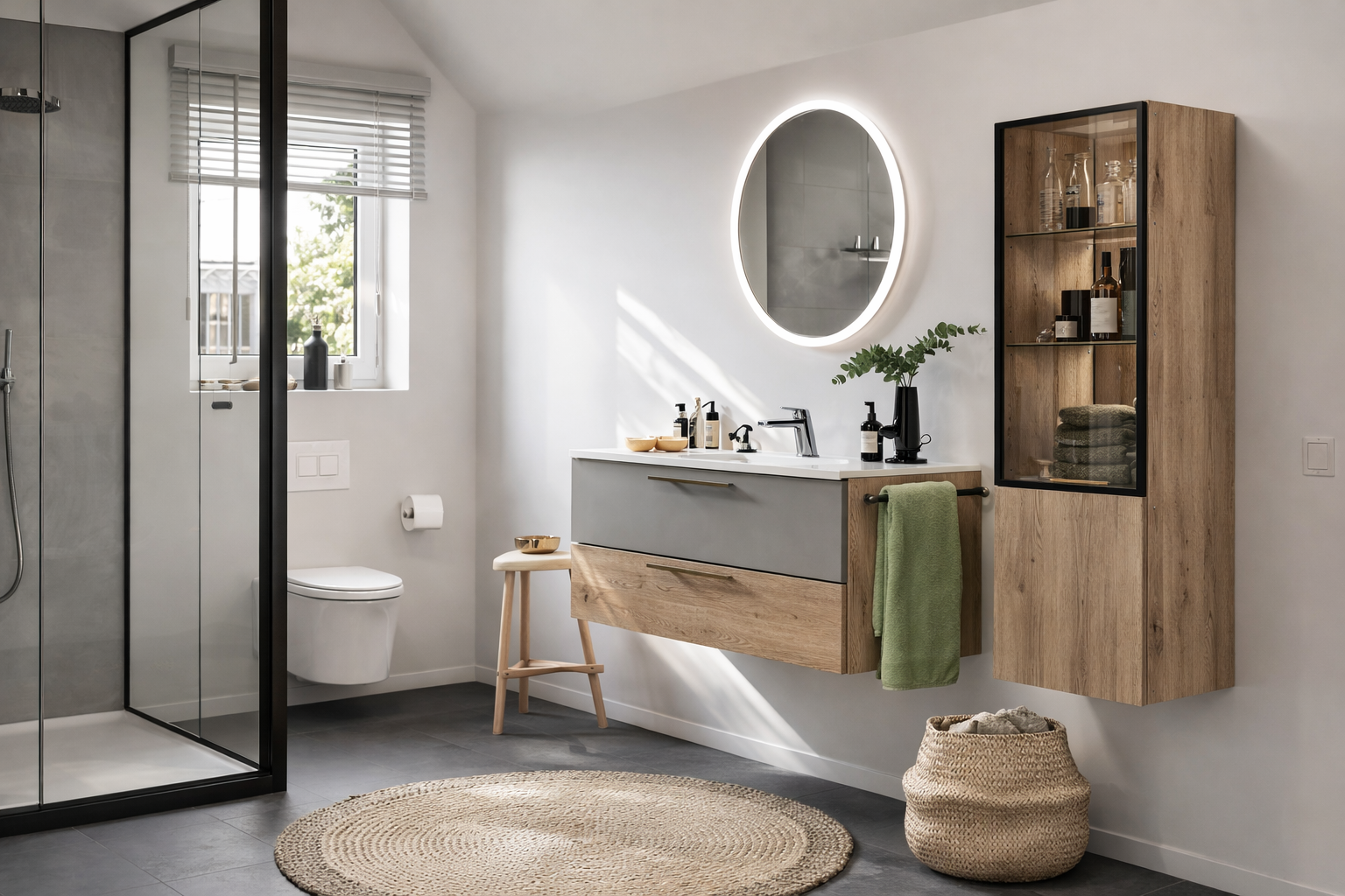 Baño moderno con ducha, espejo iluminado, lavabo con accesorios, armario de madera con artículos y toallas, ventana con vista a árboles, cesto de mimbre, alfombra de fibra natural.