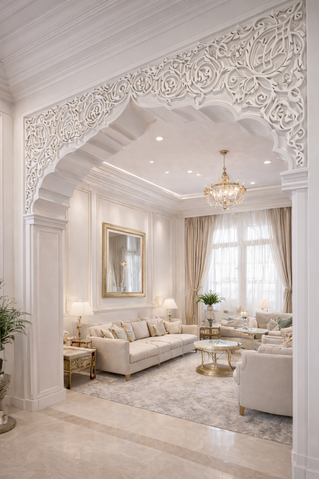 Salón elegante con muebles blancos, cortinas beige, candelabro dorado y decoración clásica