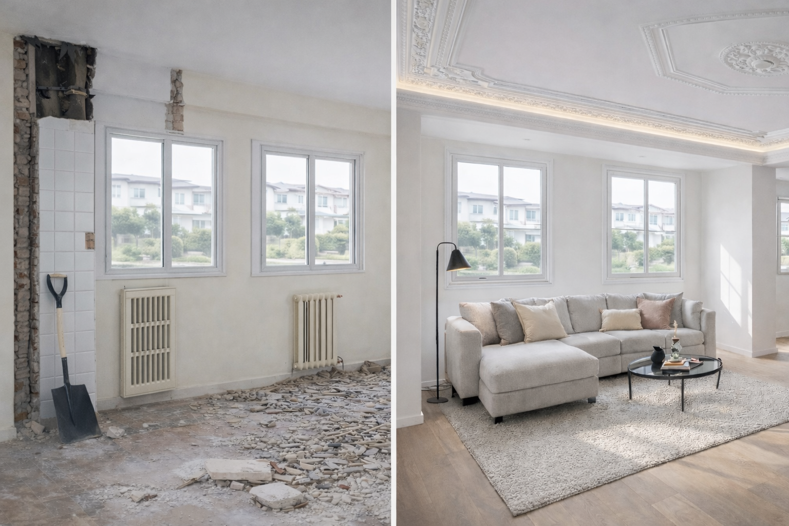 Antes y después de una renovación de sala, mostrando una habitación en remodelación con escombros y una sala moderna y elegante con sofá gris, alfombra y ventanas con vista a casas.