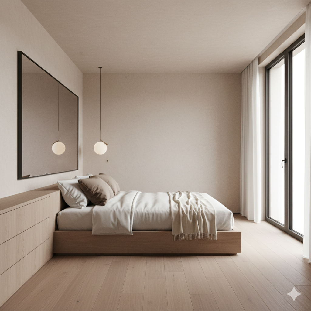 Habitación moderna y minimalista con cama sencilla, lámparas colgantes, cortinas blancas y suelo de madera clara.