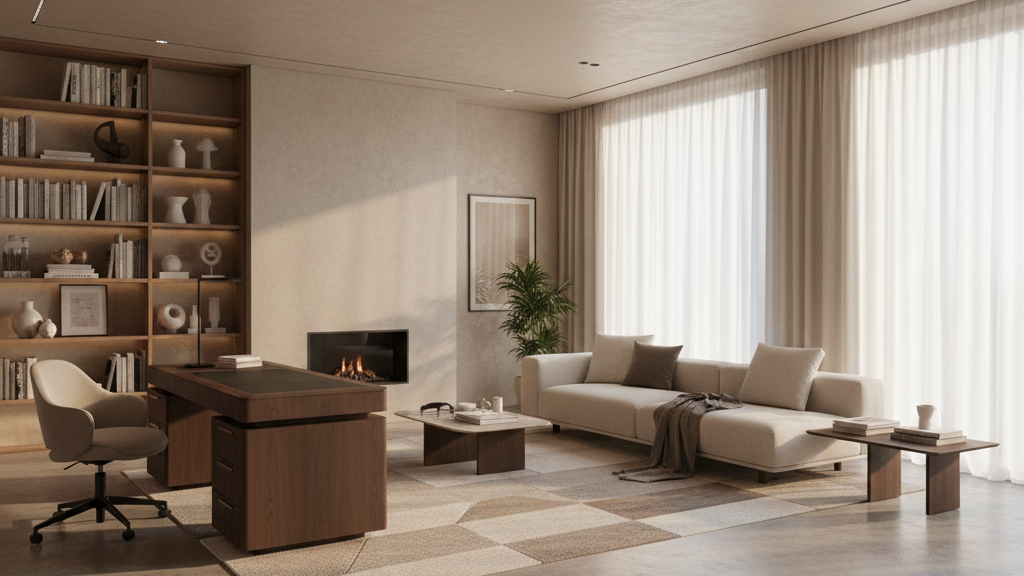 Sala de estar moderna con sofá blanco, mesa de centro, estantería de madera con libros y objetos decorativos, escritorio con silla, chimenea, cortinas largas y una planta