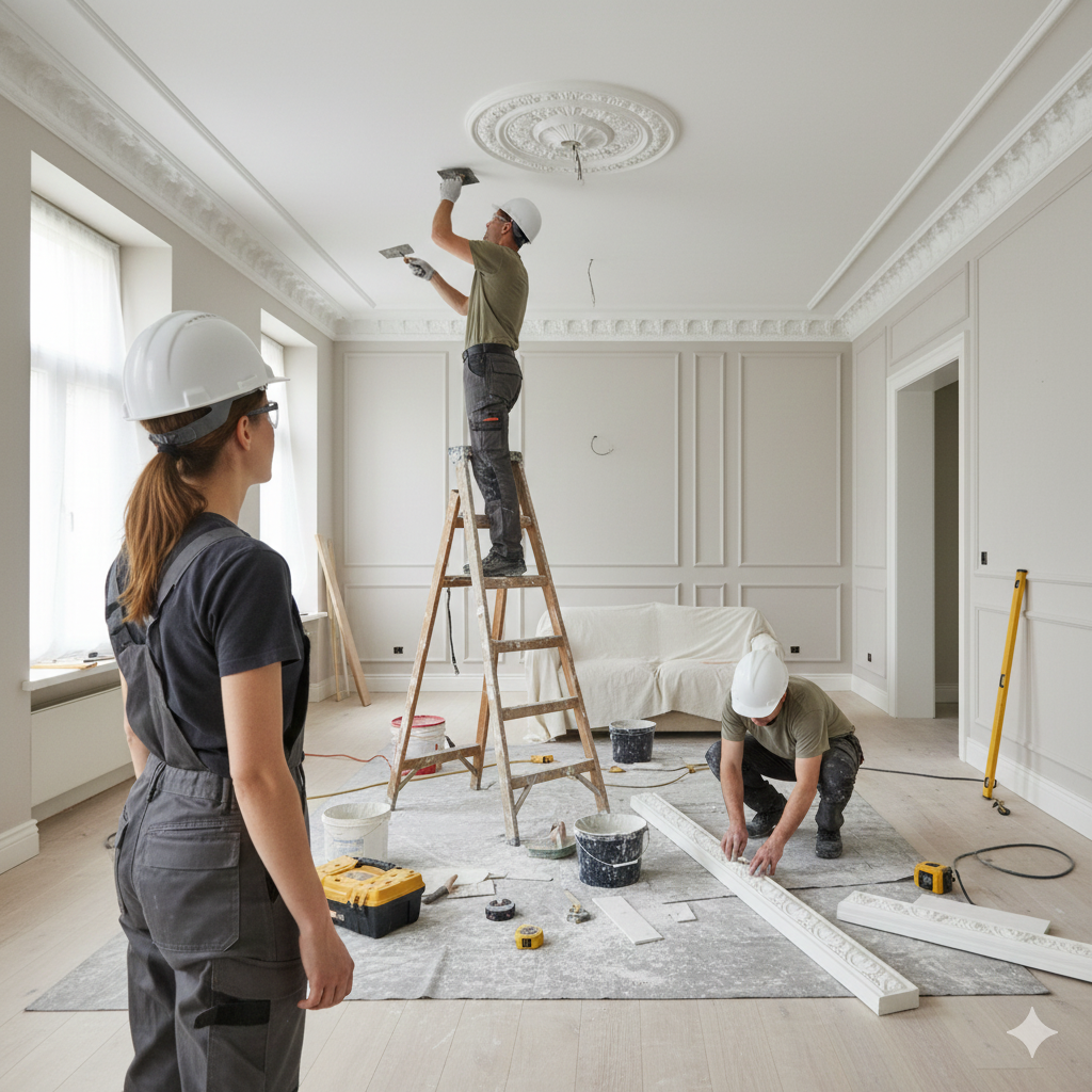 Tres trabajadores decorando un techo en una sala elegante con molduras arquitectónicas, uno en una escalera, otro en el suelo midiendo y el tercero observando.