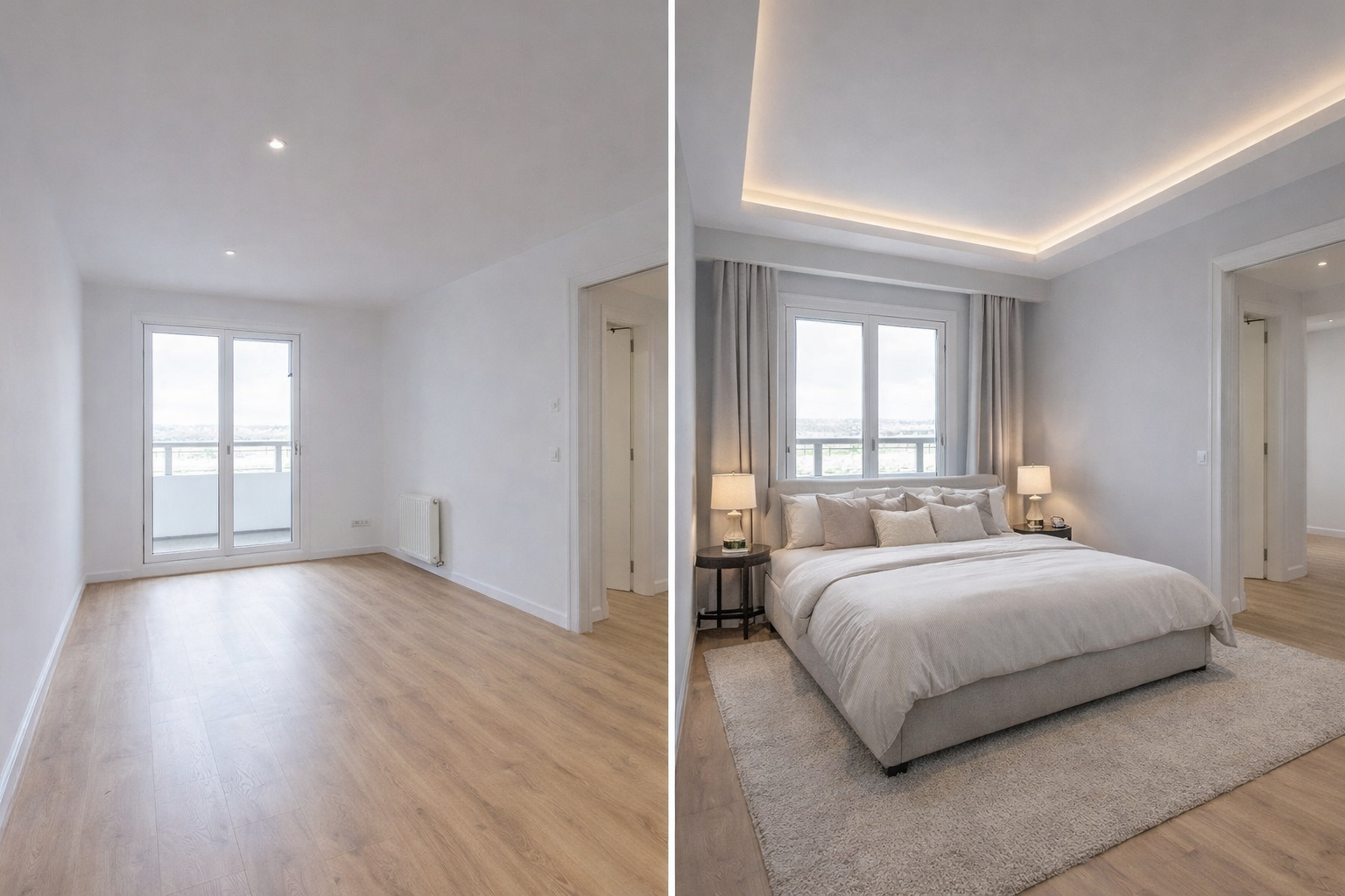 Vista de un dormitorio vacío a la izquierda y de un dormitorio amueblado con cama, mesas de noche y lámparas a la derecha.