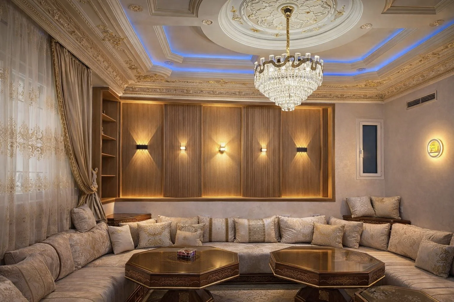 Salón elegante con techo decorado y candelabro de cristal, paredes con iluminación y cortinas doradas, sofá en forma de U con cojines, mesas de madera decorativa.