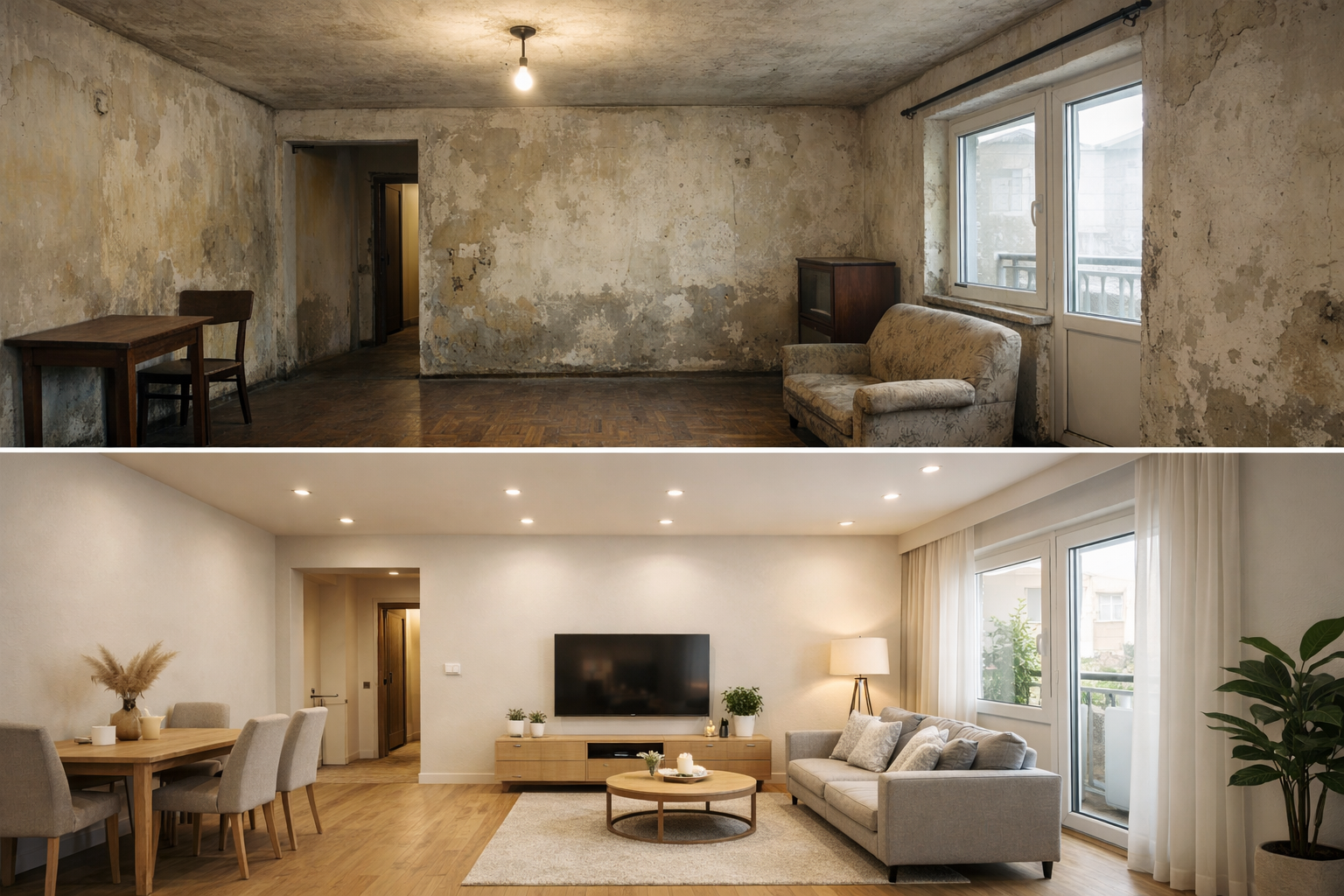 Antes y después de una renovación de sala de estar, mostrando una transformación de un espacio deteriorado a un ambiente moderno y acogedor con mobiliario nuevo, paredes pintadas y mejor iluminación.