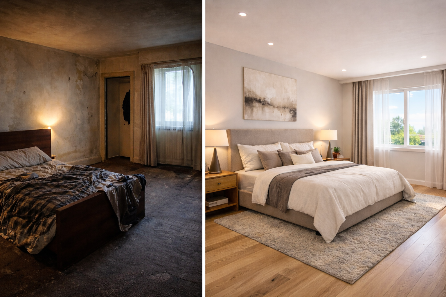 Imágenes comparativas de una habitación: a la izquierda, en condiciones deterioradas y sucia, y a la derecha, renovada y bien decorada.