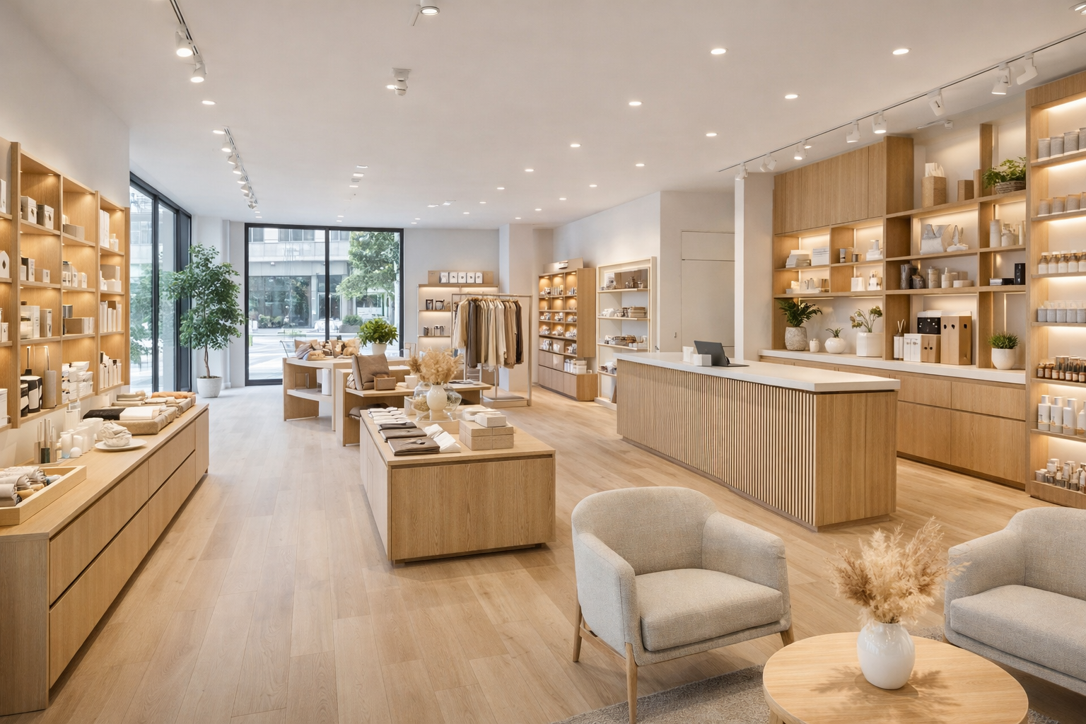 Interior de una tienda de artículos para el hogar con muebles de madera, estanterías llenas de productos, una caja registradora en el mostrador, y un área de descanso con sillones beige y mesas decoradas con jarrones con plantas y flores.