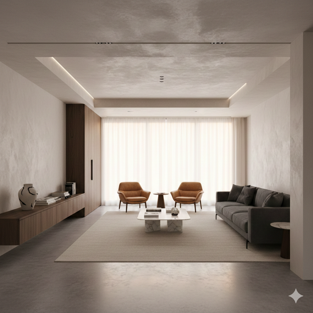 Sala de estar moderna con sillones de color beige, sofá gris, mesa de centro de mármol y cortinas blancas.