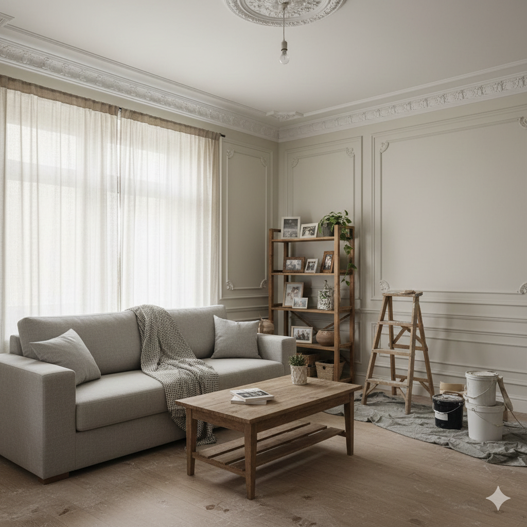 Sala de estar con sofá gris, mesa de madera, estantería con fotos y plantas, y equipo de pintura en una esquina, en una habitación con paredes decoradas y cortinas claras.