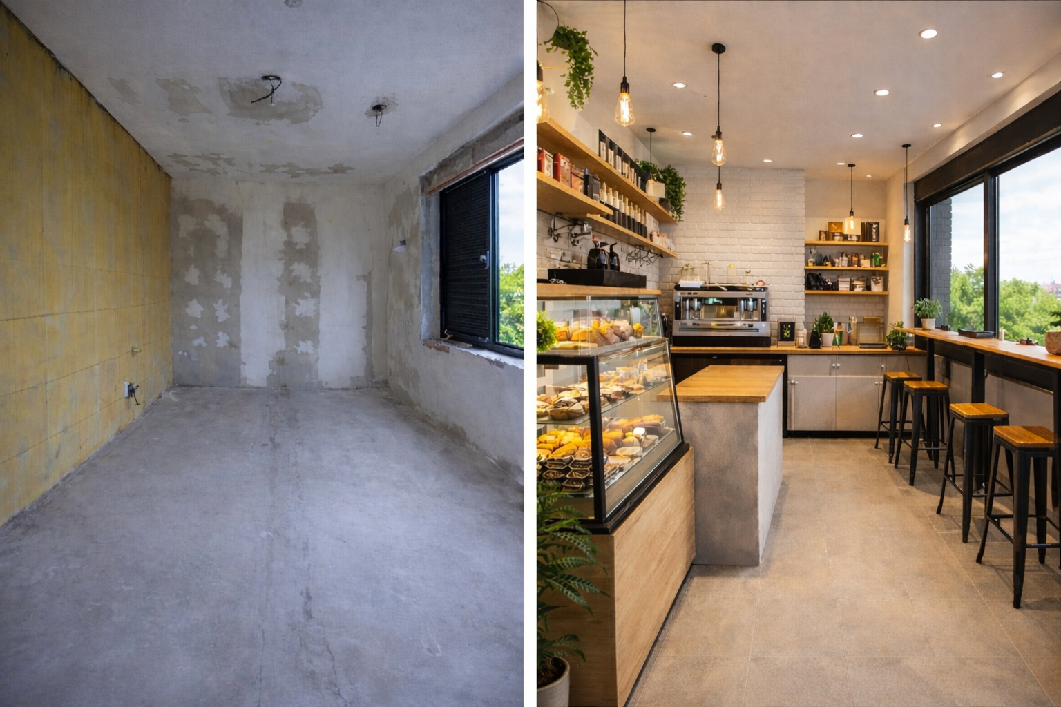 Imagen comparativa de una habitación en construcción y una cocina moderna terminada.