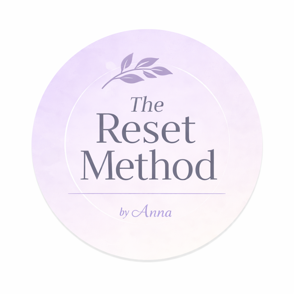 Book cover titled 'The Reset Method' by Anna with a purple leafy design at the top on a soft purple background.