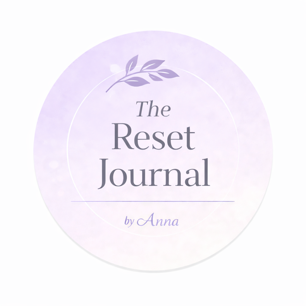 Cover of The Reset Journal by Anna with a light purple background, a thin white circle border, and a lavender leaf illustration at the top.