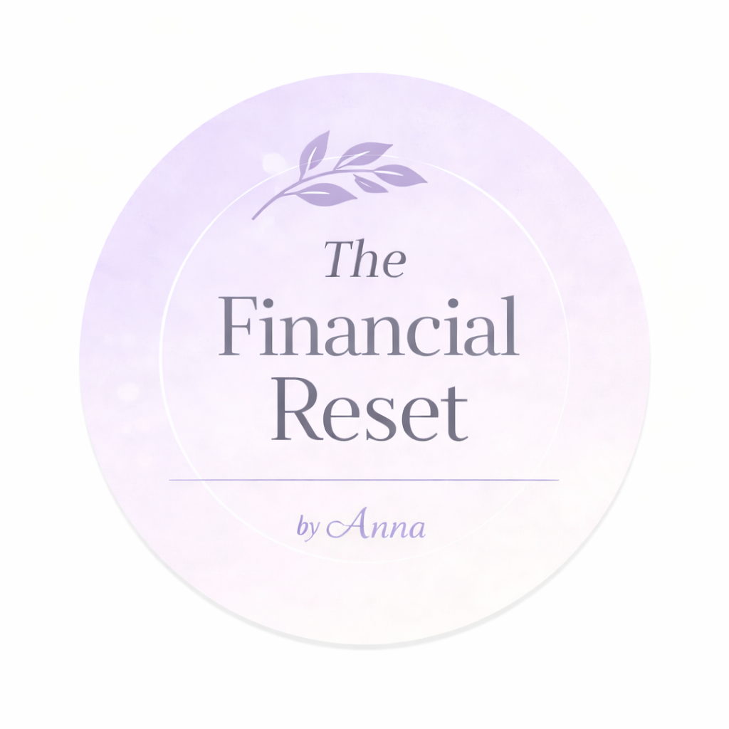 Cover of a guide or book titled 'The Financial Reset by Anna', with purple leaf and light purple background.