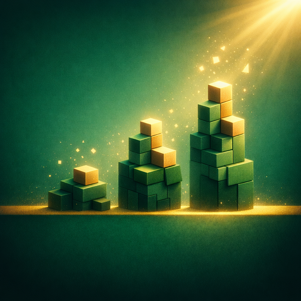 Three stacks of green and yellow cubes arranged in increasing height from left to right, with a bright light shining from the top right corner, creating a glow and sparkles around the cubes.