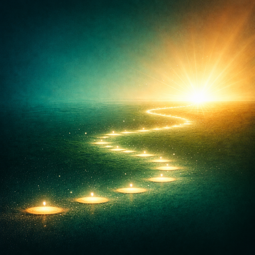 A surreal scene of glowing, yellowish orbs forming a path leading to a bright light on the horizon over water at sunset or sunrise.