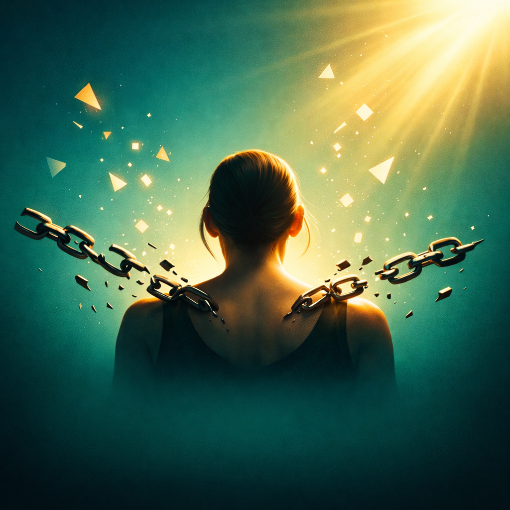 A person with their back to the camera, surrounded by breaking chains and glowing geometric shapes, with sunlight shining down from the top right corner.