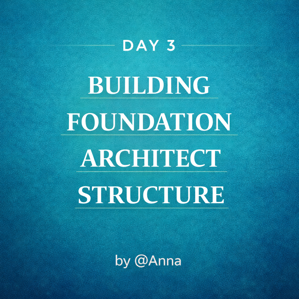 A digital graphic with a blue textured background displaying text that reads "Day 3 Building Foundation Architect Structure by @Anna."