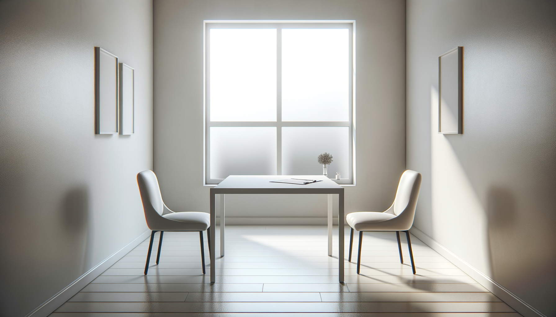 Minimalist office with white walls, a large window, a white table, two white chairs, and framed artwork on both walls.