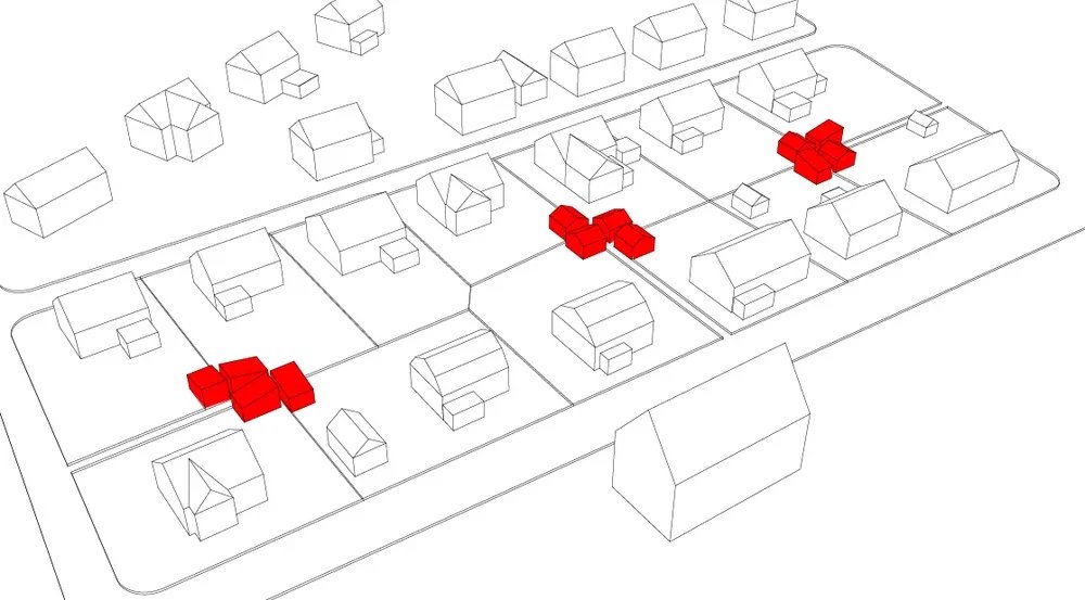 A black and white digital layout of a residential neighborhood with houses, roads, and three clusters of red highlighted houses.