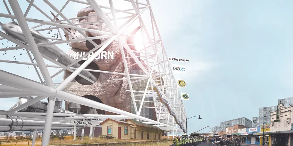 Futuristic building under construction with a large billboard of a man's face, surrounded by construction workers and small shops on a busy street.