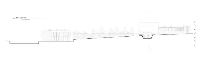 A technical drawing or blueprint of a building's side elevation, showing various structural elements and levels.