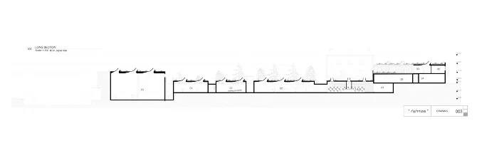 A technical blueprint or architectural drawing of a building, showing various sections and measurements.