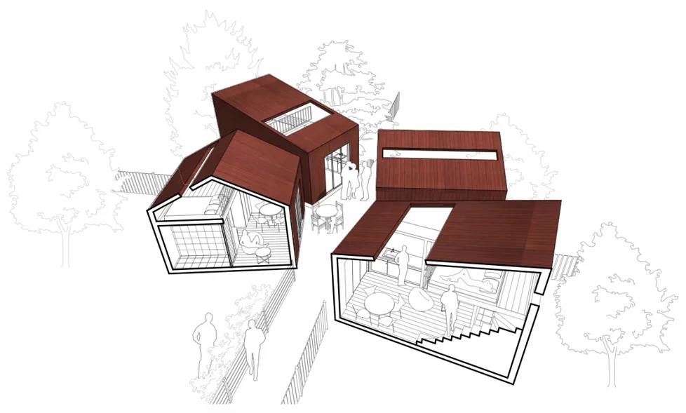 Architectural drawing of a modern house with multiple sections, open and enclosed spaces, and people inside and outside, surrounded by trees.