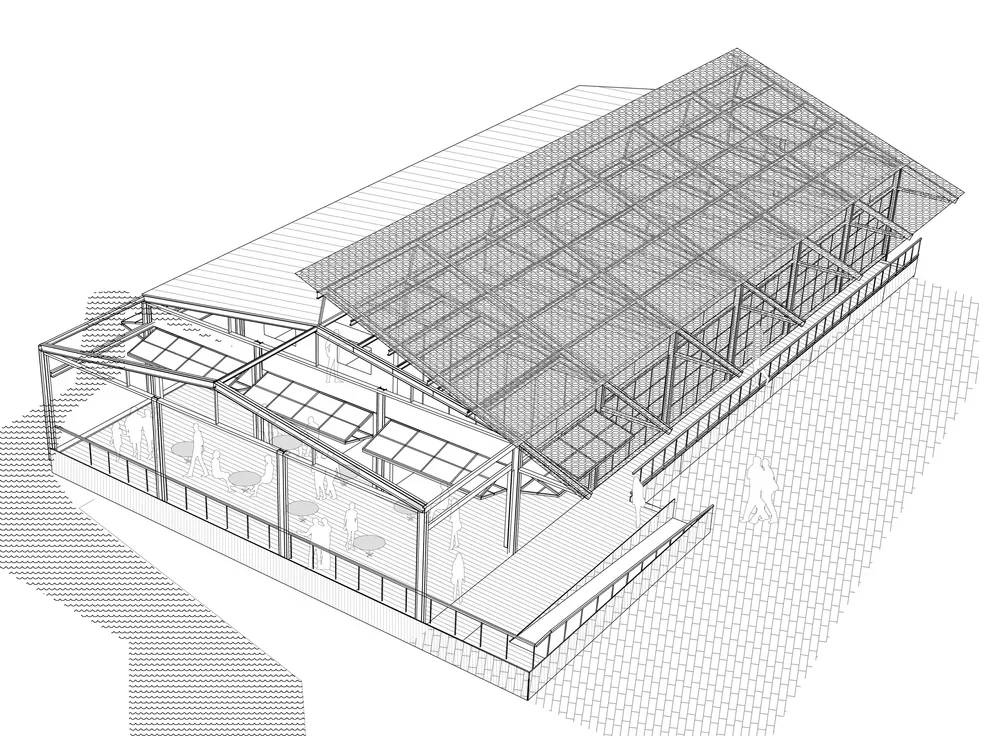 3D wireframe architectural drawing of a modern building with a large, sloped roof, glass walls, and an outdoor deck with walkways and people.
