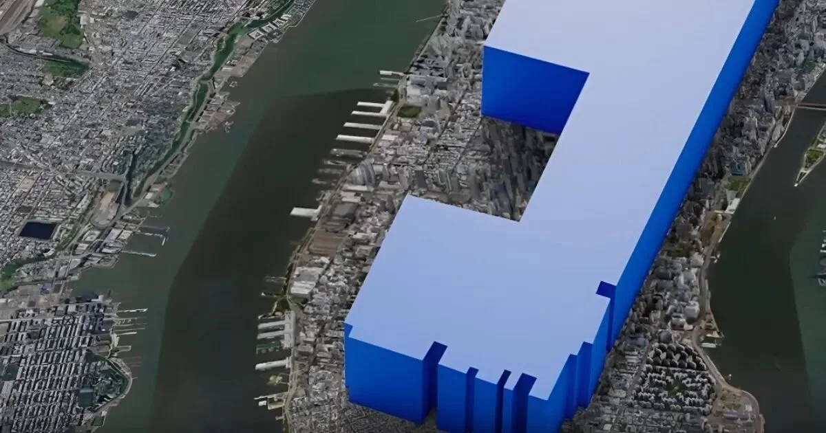A digital rendering of the Meta datacenter superimposed over New York City