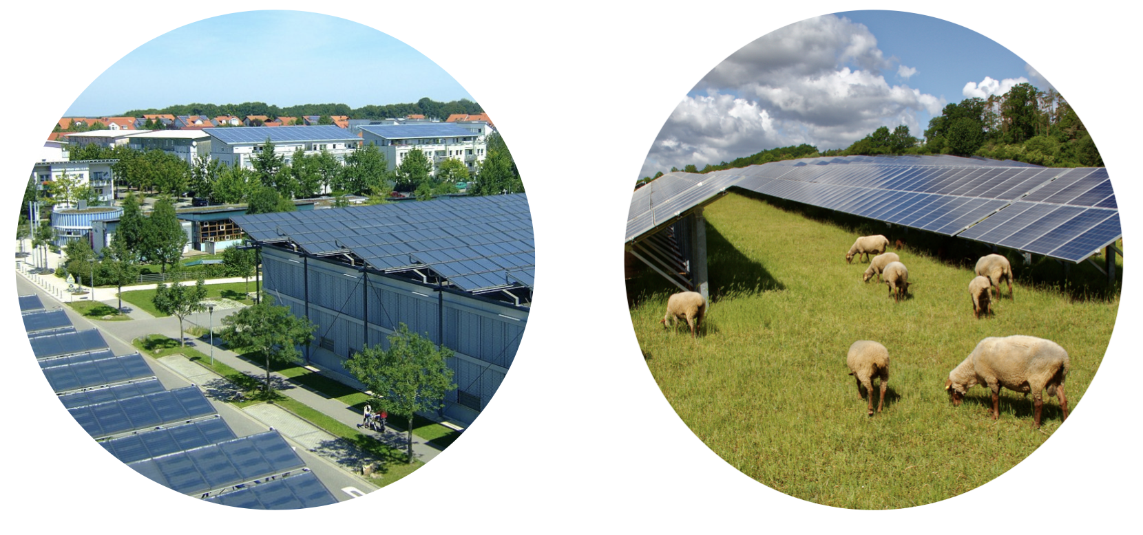 Two circular images showing solar panel installations; the left image depicts a large solar panel array on a rooftop in an urban or suburban area, and the right image shows a smaller solar panel setup on grassy land with sheep grazing around it.