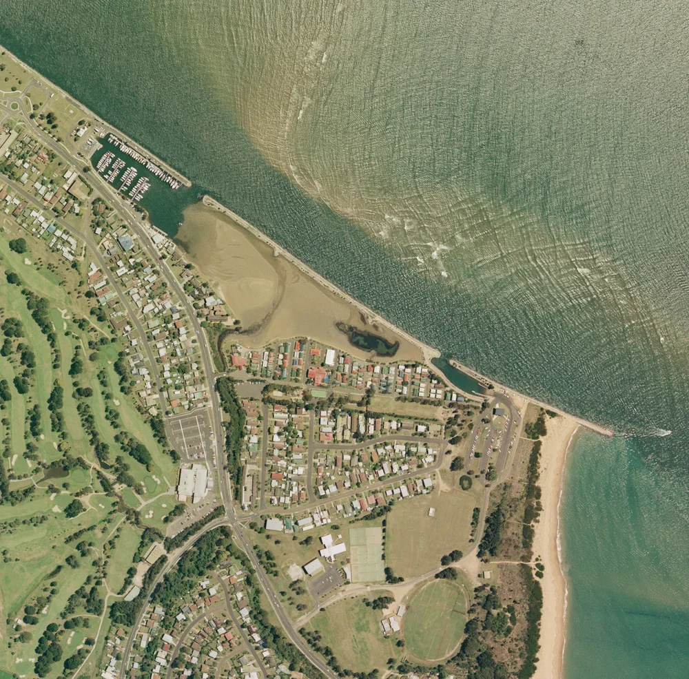 Aerial view of a coastal city showing houses, a marina, beaches, and a large body of water.