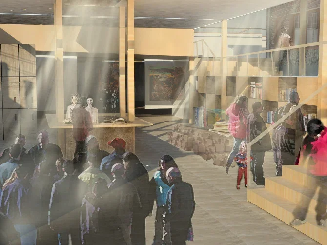 Children and adults in a modern library with bookshelves, stairs, and a large screen or artwork on the wall, illuminated by natural sunlight.