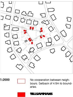 A map showing a neighborhood with buildings and roads. Red lines and shapes indicate no cooperation between neighbors, with a 4.5m boundary setback. The red shapes resemble small blocks or markers.