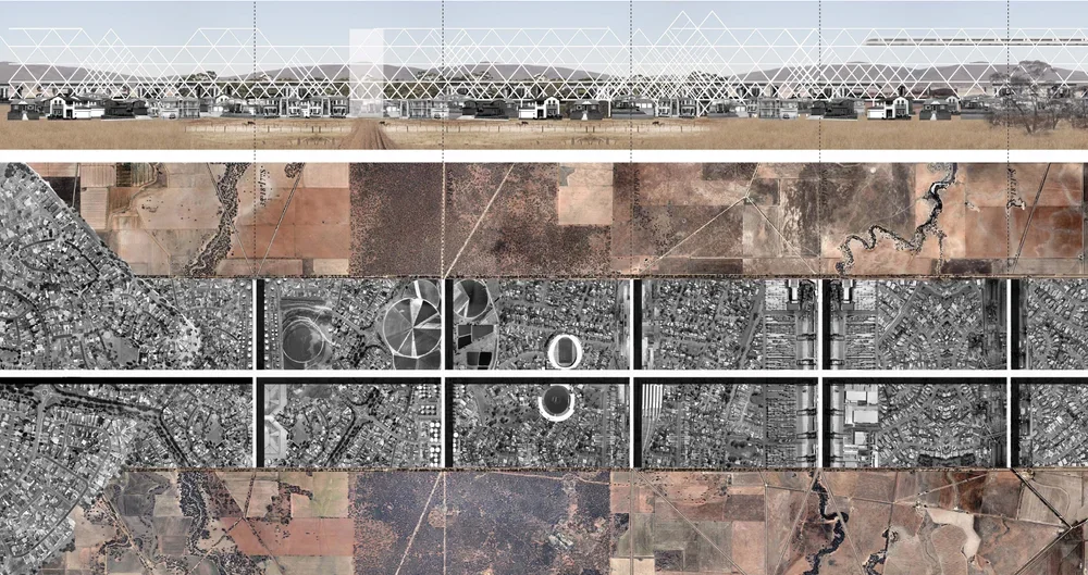 Aerial view of a cityscape with divided sections showing different urban and rural areas, including houses, roads, and open land.