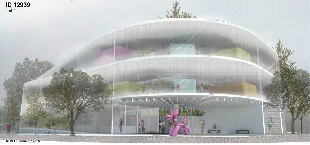 A modern, multi-story architectural building with curved white exterior walls. The building has open spaces with colored blocks and a sculpture of a pink dog at the entrance. There are trees around and people walking or sitting nearby.
