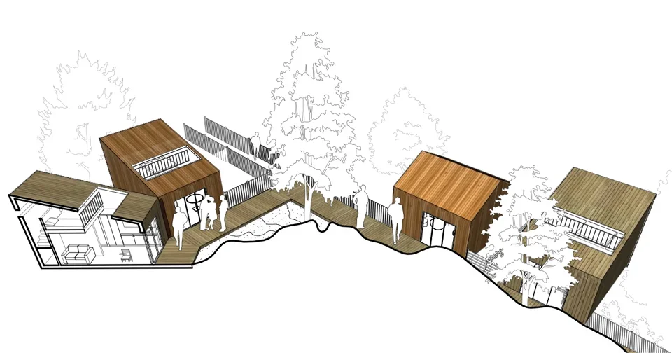 Architectural drawing of three small wooden buildings surrounded by trees, with people walking and standing in a fenced outdoor area.