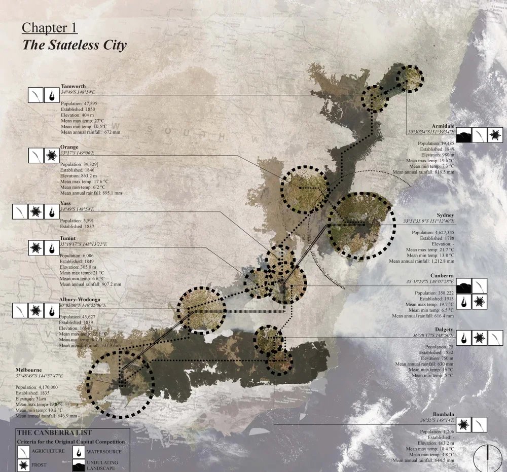 Map of Canberra highlighting various districts, including Tamworth, Orange, Yass, Tumut, Albury-Wodonga, Melbourne, Armidale, Sydney, Canberra, Dalgety, Bombala, with population, elevation, and climate data for each area.