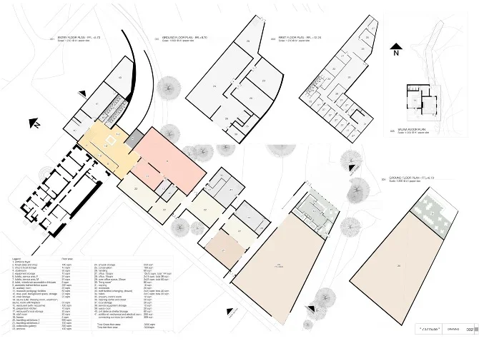 Architectural floor plan drawings of a building, including multiple levels and outdoor areas, with labels and a legend for various rooms and features.