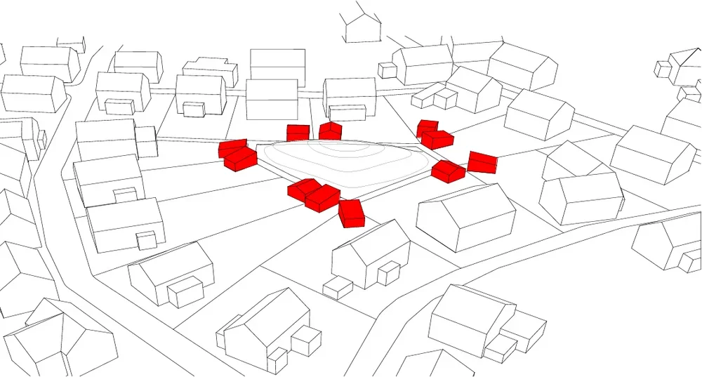 A 3D rendering of a neighborhood with multiple houses, some outlined in black and others highlighted in red around a central park or field.