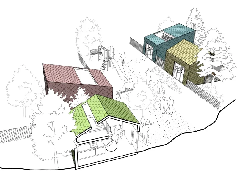 A colorful conceptual illustration of a community park with three small colorful buildings, a playground with a slide, and people walking and sitting among trees and open spaces.