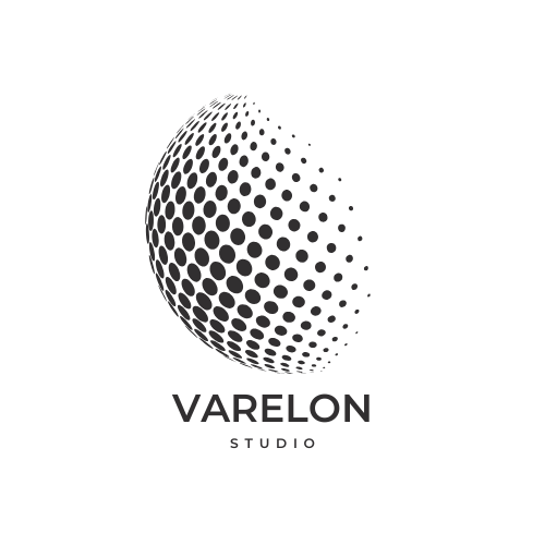 Een zwart-wit logo met een halfronde stippenpatroon en de tekst 'VARELON STUDIO' eronder.