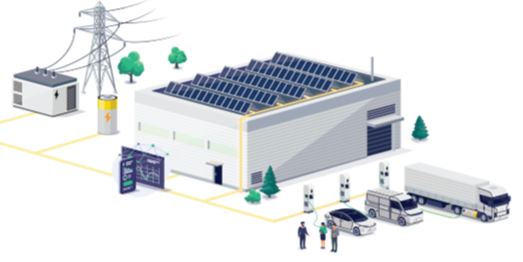 Energiecentrale met zonnepanelen, elektrische voertuigen en geladen stations.