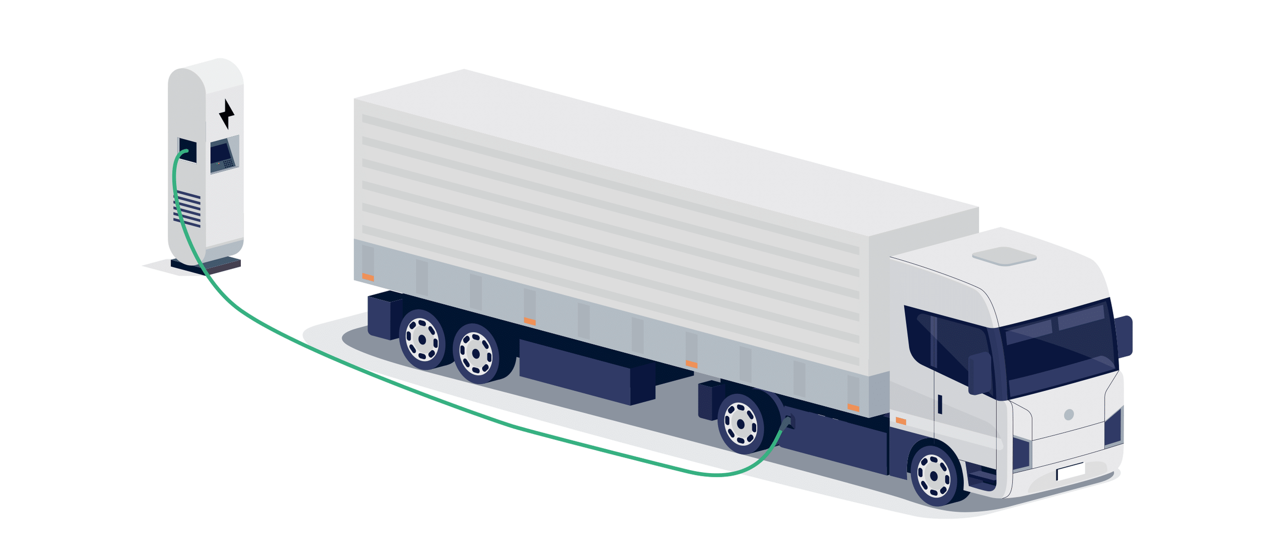 Illustratie van een elektrische vrachtwagen die wordt opgeladen bij een laadstation